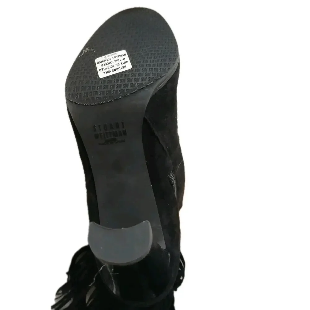 Stuart Weitzman Fringie Black Suede Fringe Boots 7.5 M Over The Knee Western NEW